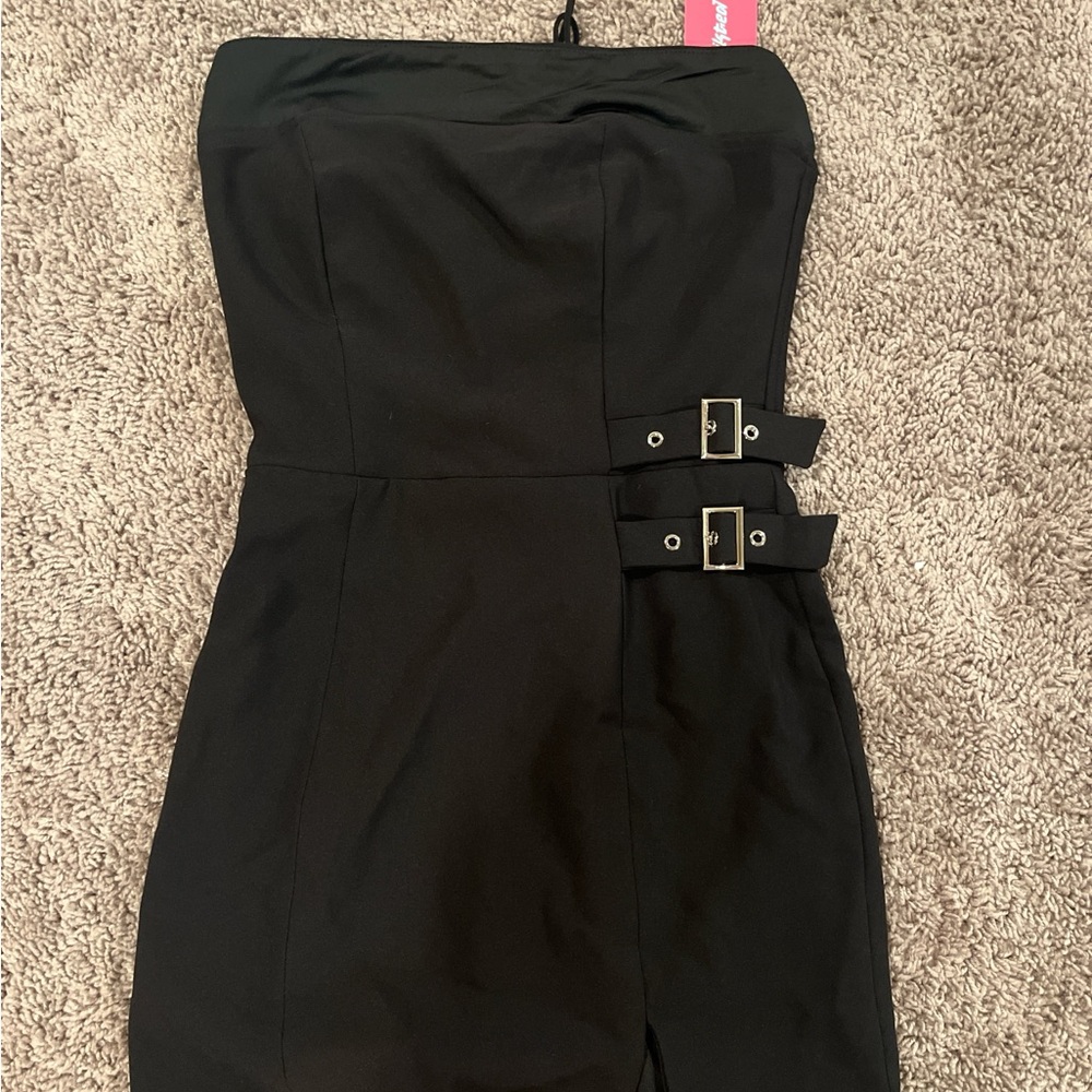 black edikted mini dress with buckle detail